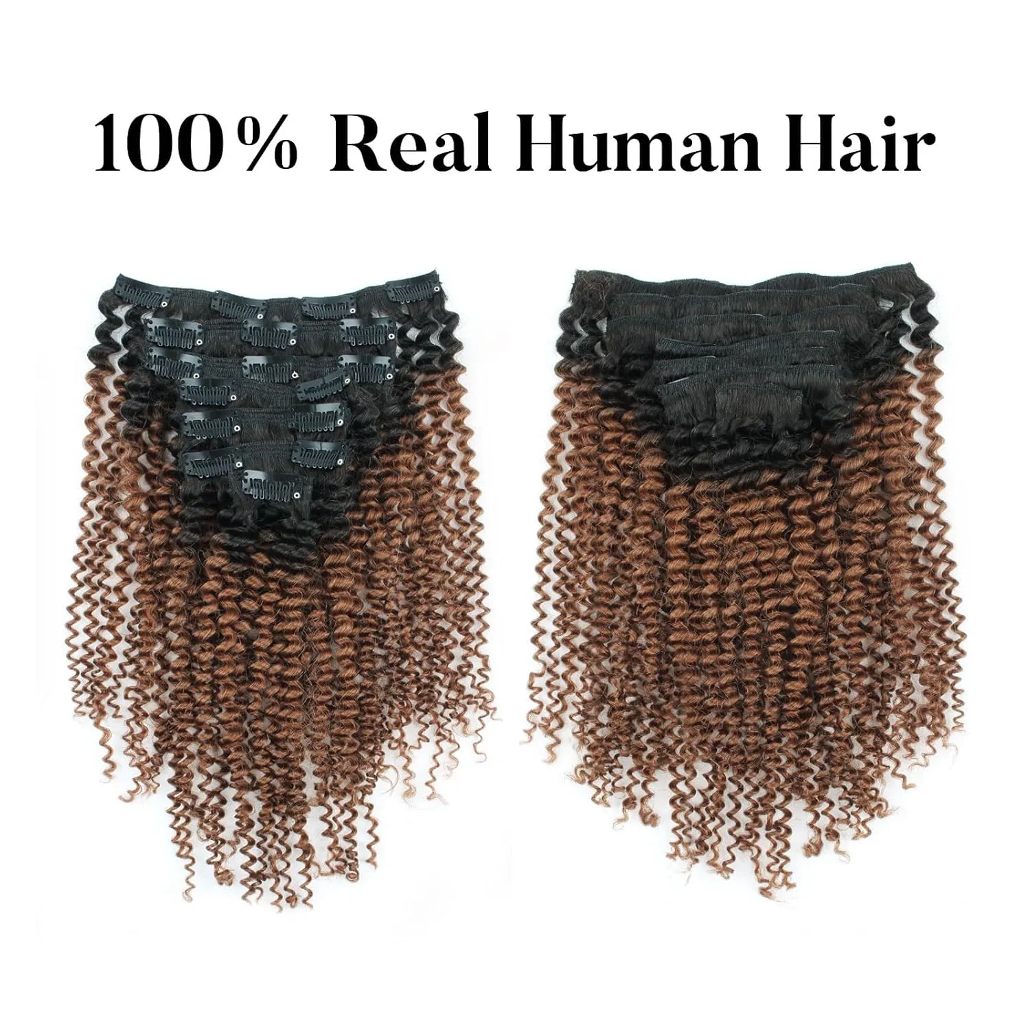 Sassina Ombre Kinky Curly Clip in Human Hair Extensions Natural Curly Clip in for African American Black Women 7Pcs-120G Ombre Natural Black Fading to Ginger TN30 12 Inch