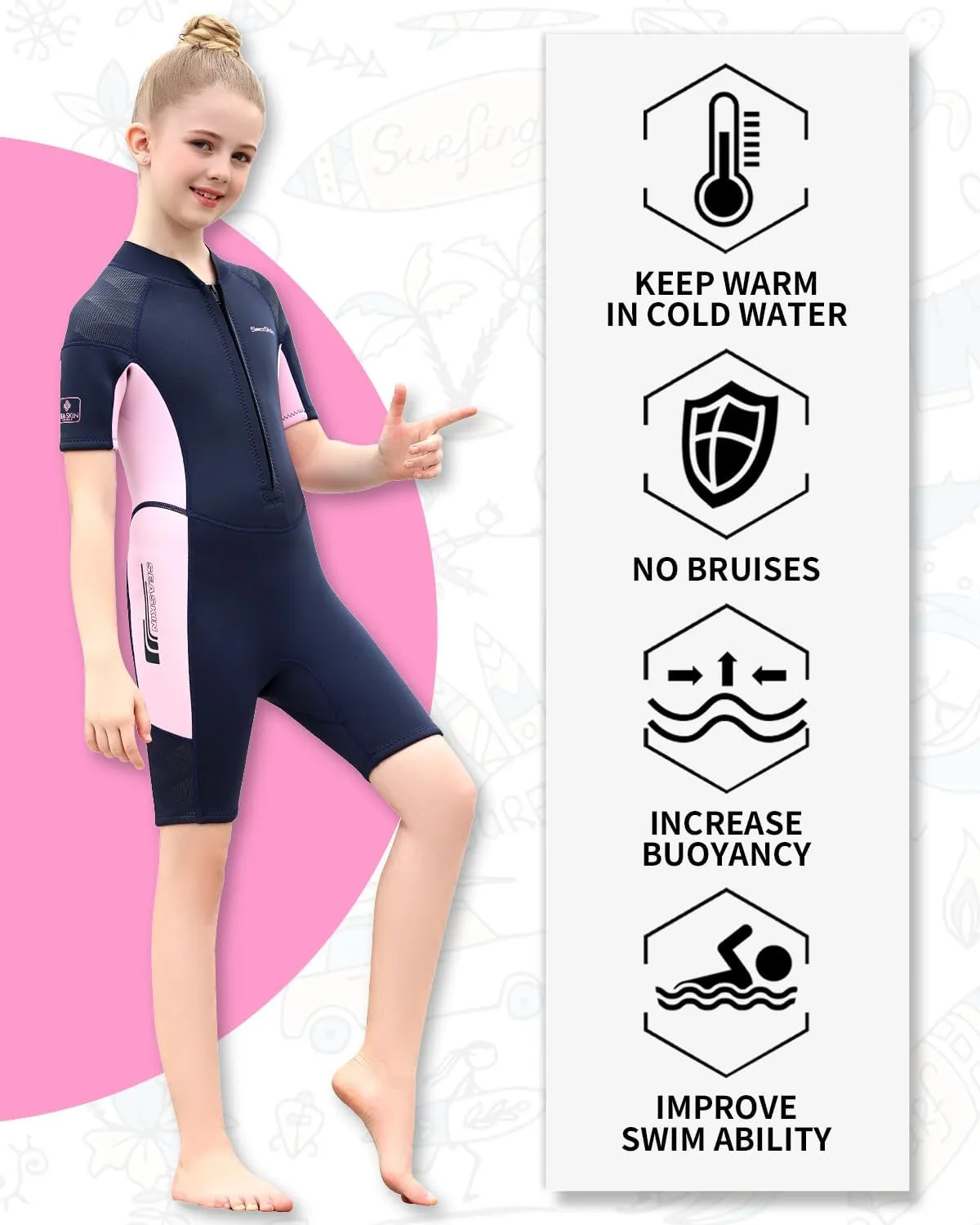 Seaskin Kids Wetsuit for Boys Girls Toddler, 2mm Front Zip Thermal Swimsuits Shorty Diving Suits
