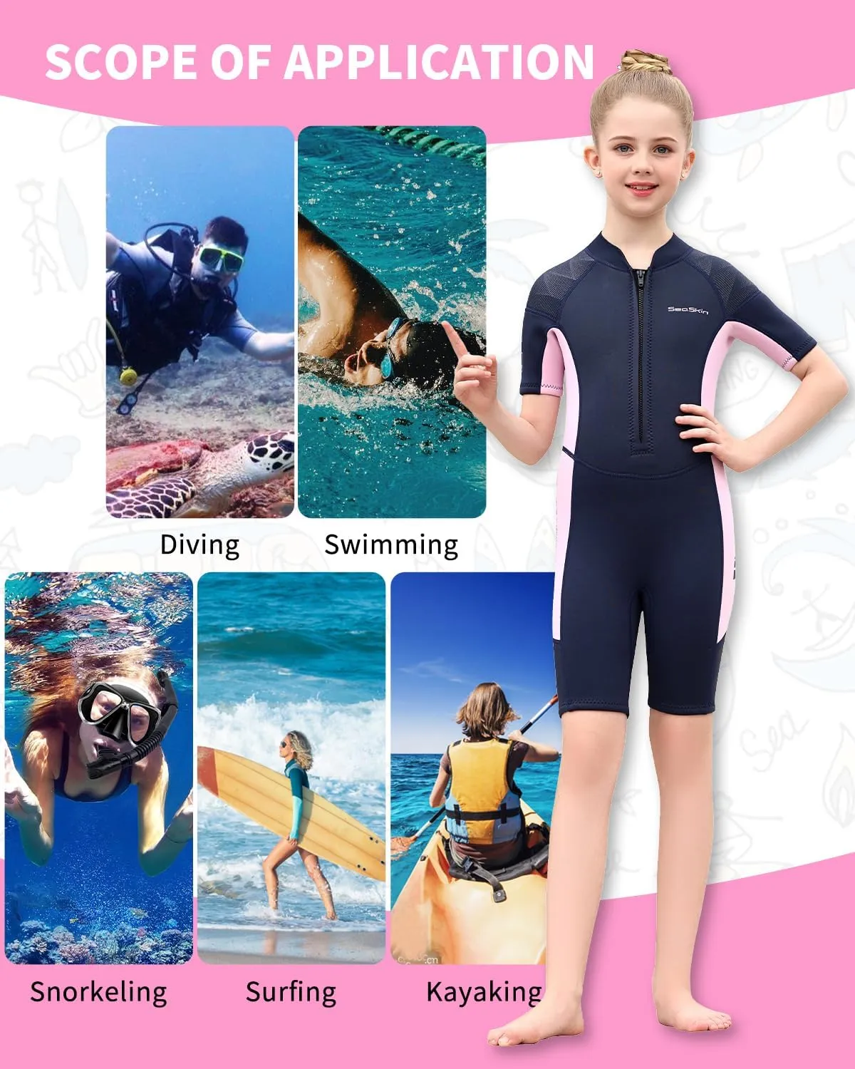Seaskin Kids Wetsuit for Boys Girls Toddler, 2mm Front Zip Thermal Swimsuits Shorty Diving Suits