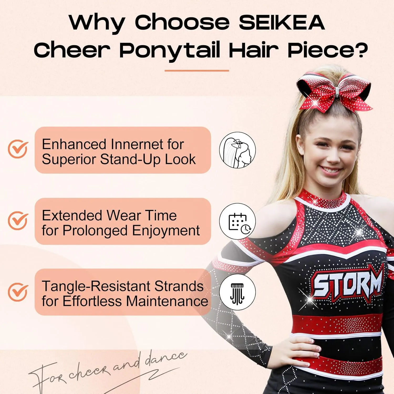 SEIKEA Cheer Ponytail Hair Piece, 16" Straight Cheerleader Hairpiece Ponytail Extension for Cheerleader Competition, Dance, Black Brown with Dark Brown Highlights