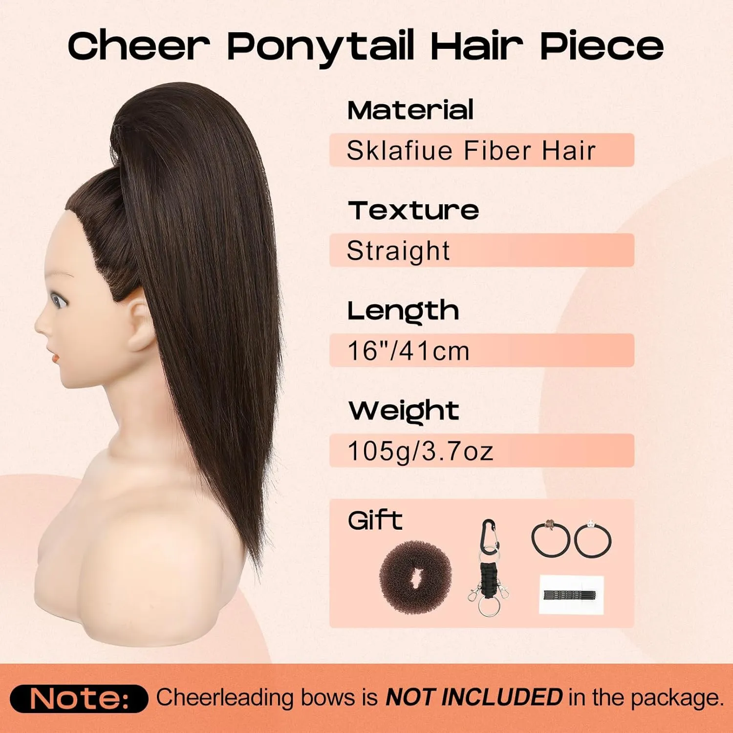 SEIKEA Cheer Ponytail Hair Piece, 16" Straight Cheerleader Hairpiece Ponytail Extension for Cheerleader Competition, Dance, Black Brown with Dark Brown Highlights
