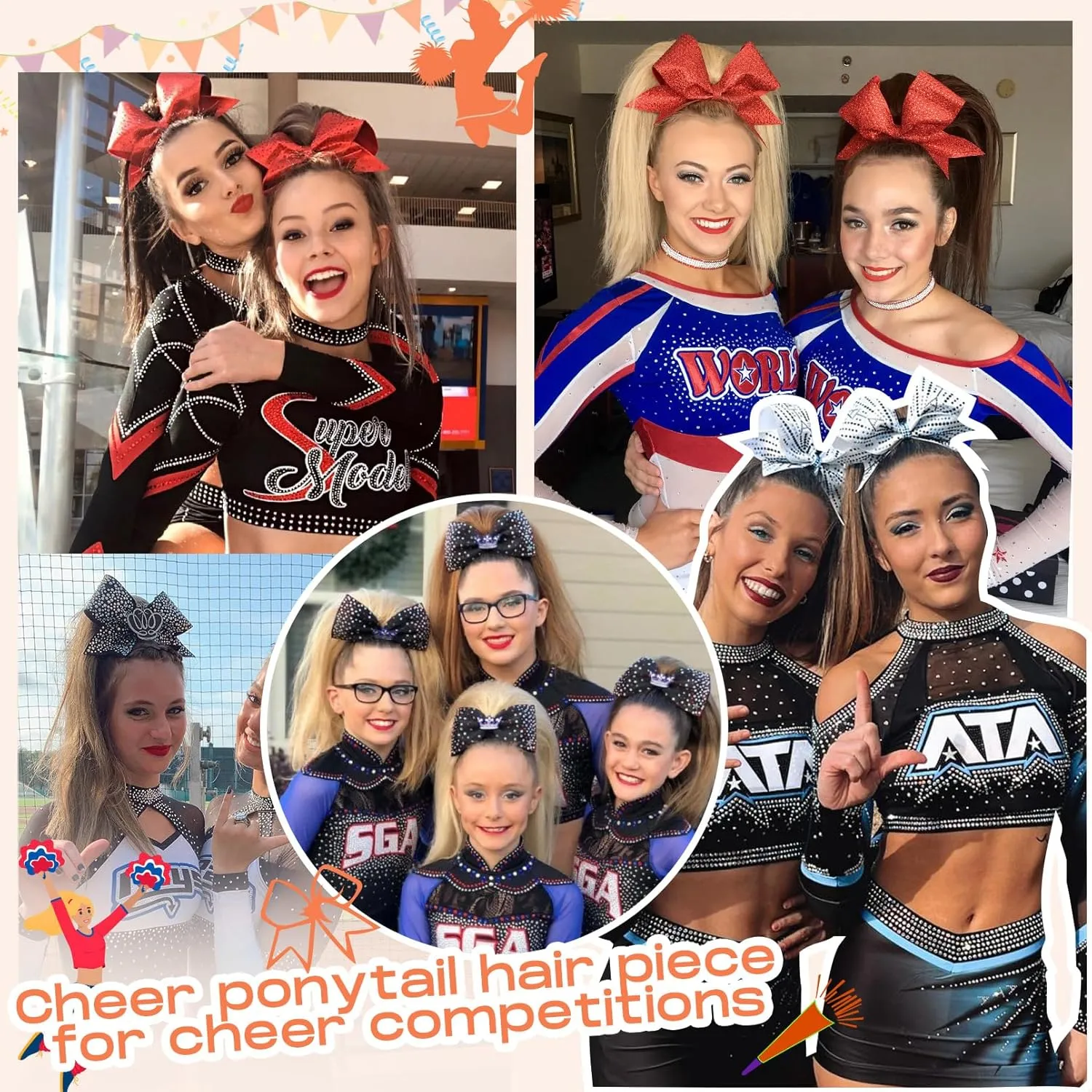 SEIKEA Cheer Ponytail Hair Piece, 16" Straight Cheerleader Hairpiece Ponytail Extension for Cheerleader Competition, Dance Brown with Blonde Highlights