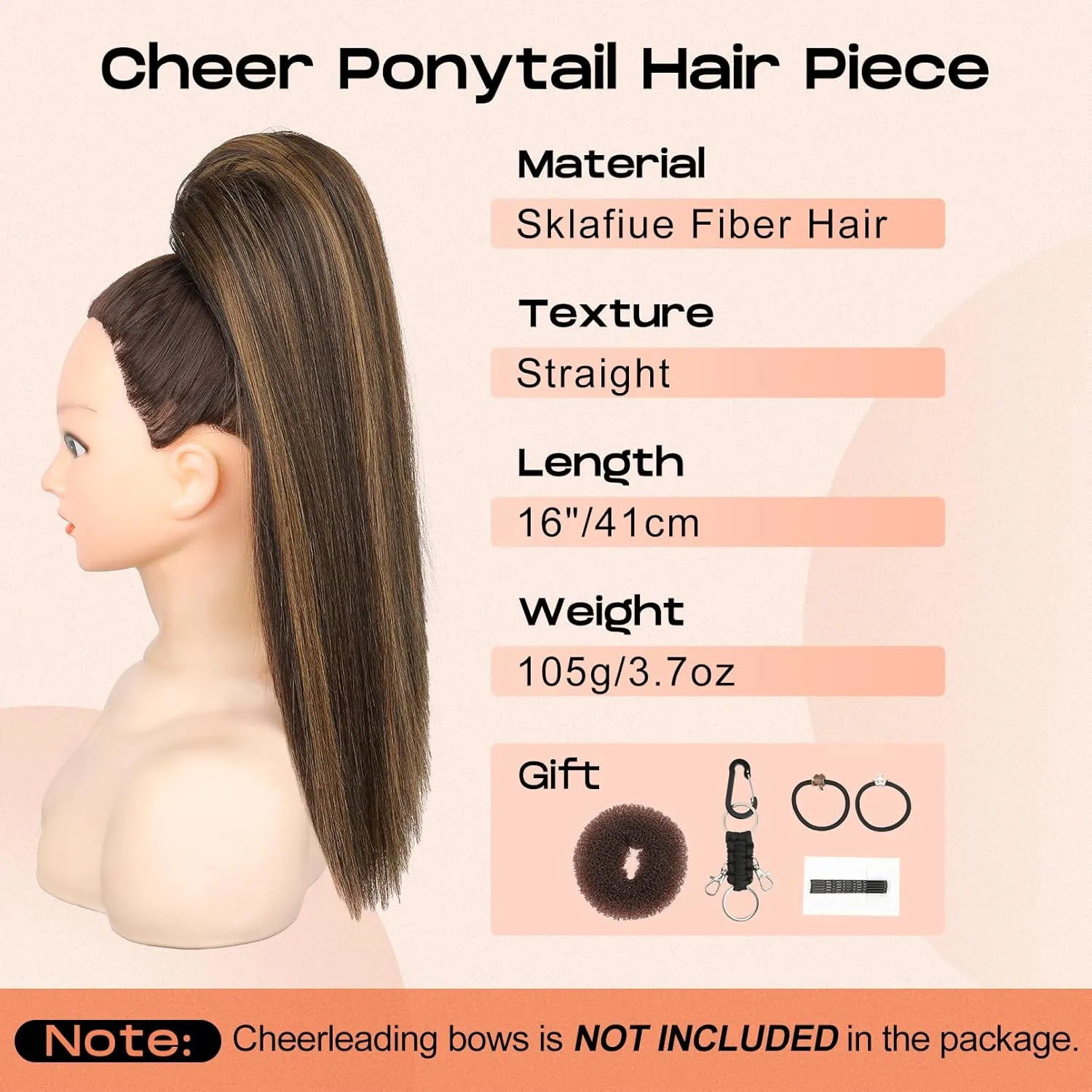 SEIKEA Cheer Ponytail Hair Piece, 16" Straight Cheerleader Hairpiece Ponytail Extension for Cheerleader Competition, Dance Brown with Blonde Highlights