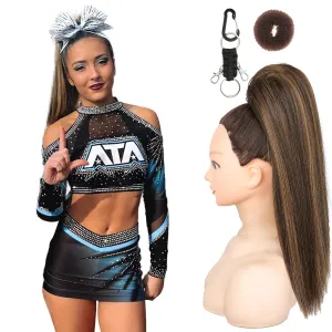 SEIKEA Cheer Ponytail Hair Piece, 16" Straight Cheerleader Hairpiece Ponytail Extension for Cheerleader Competition, Dance Brown with Blonde Highlights