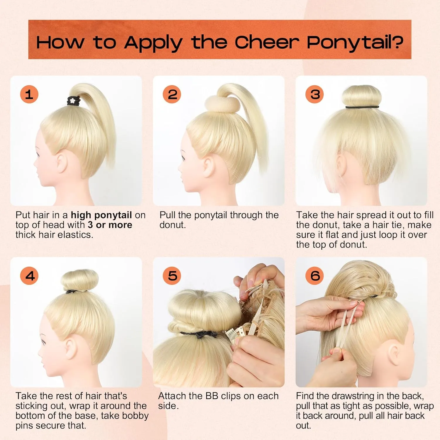 SEIKEA Cheer Ponytail Hair Piece, 16" Straight Cheerleader Hairpiece Ponytail Extension for Cheerleader Competition, Dance Brown with Blonde Highlights