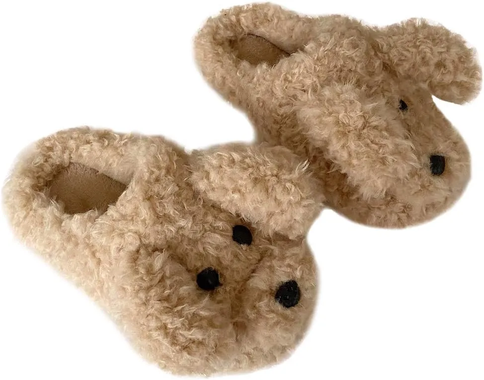 SGVAHY Slippers for Women Fuzzy Cute Slippers Indoor and Outdoor Slippers Teddy Dog Non-Slip Sole Cool Funny House Shoes Washable Slippers for Girls Teens Spring Autumn Winter (Teddy White, 7-8)