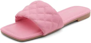 Shoe Land Anisha Women's Flat Sandals, Fashion Slides with Square Open Toe, Quilted Single Band Dressy Sandals, Slip-On Slippers for Summer, Daily Wear, Prom, and Party