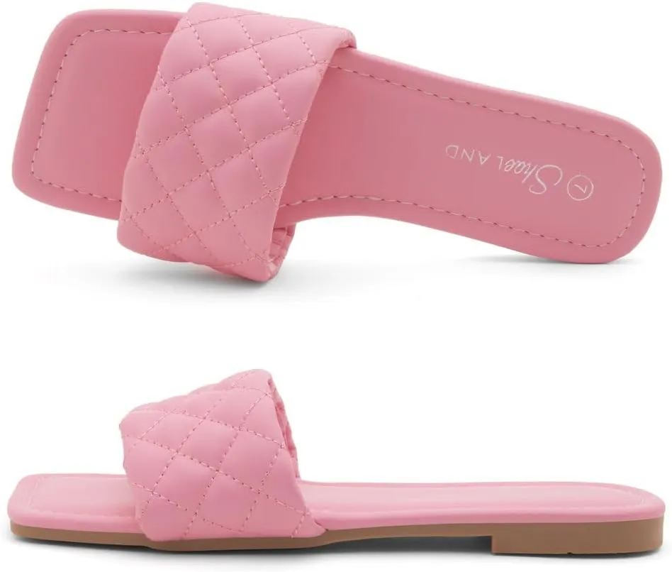 Shoe Land Anisha Women's Flat Sandals, Fashion Slides with Square Open Toe, Quilted Single Band Dressy Sandals, Slip-On Slippers for Summer, Daily Wear, Prom, and Party