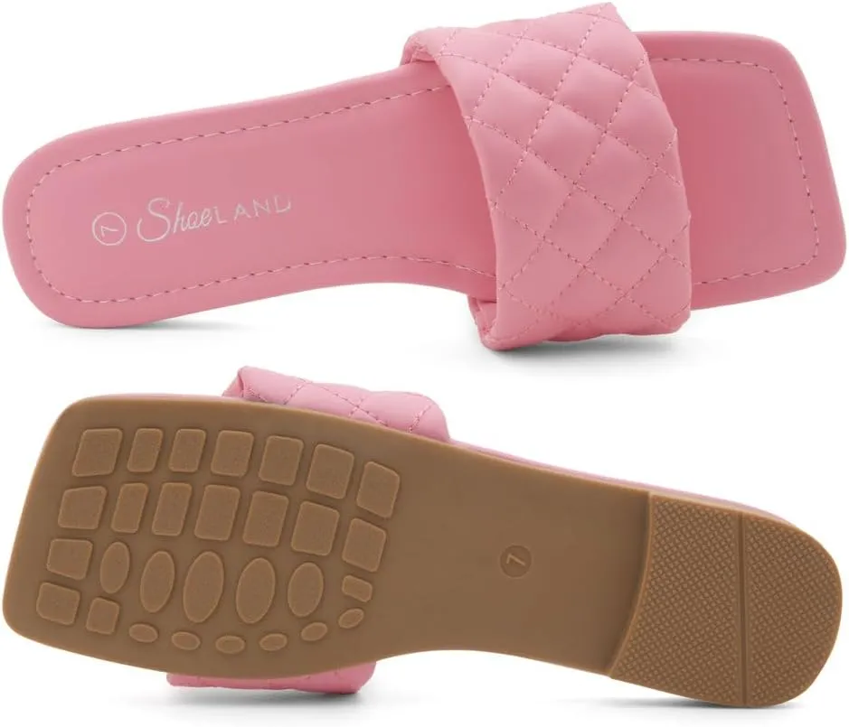 Shoe Land Anisha Women's Flat Sandals, Fashion Slides with Square Open Toe, Quilted Single Band Dressy Sandals, Slip-On Slippers for Summer, Daily Wear, Prom, and Party