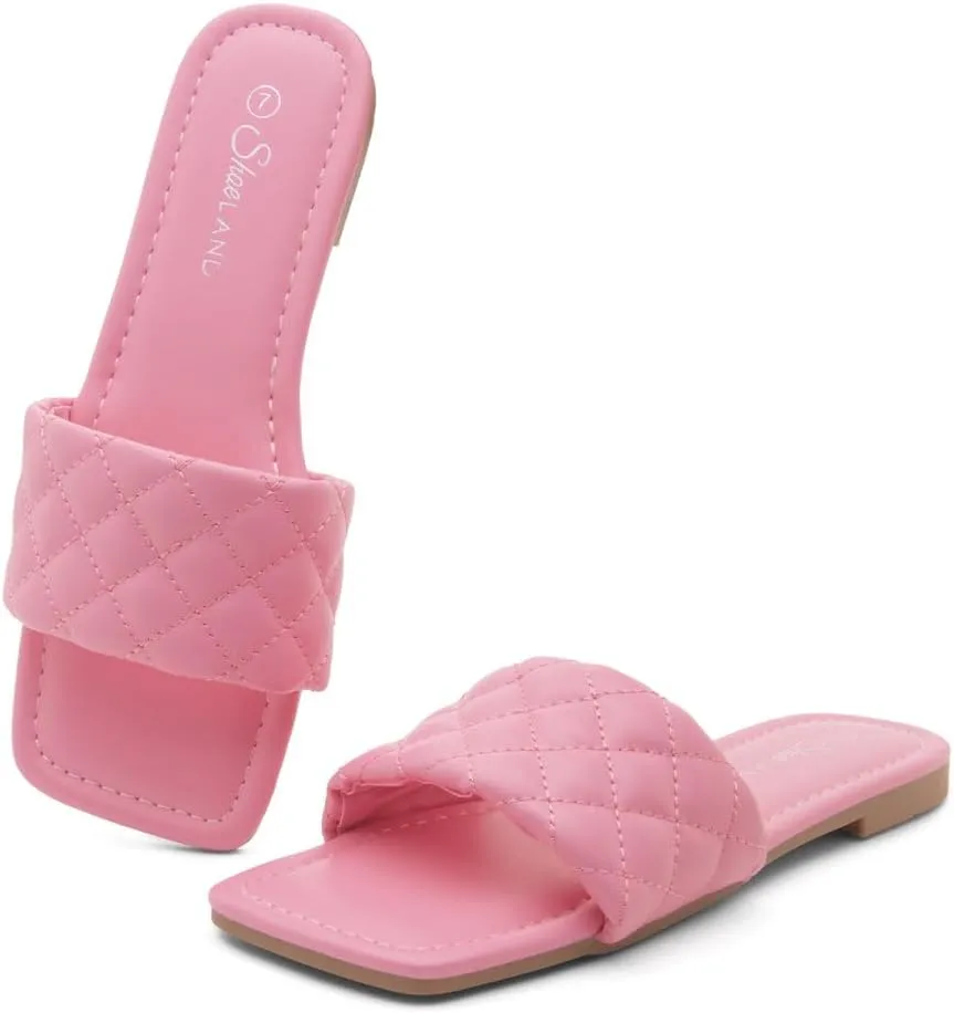 Shoe Land Anisha Women's Flat Sandals, Fashion Slides with Square Open Toe, Quilted Single Band Dressy Sandals, Slip-On Slippers for Summer, Daily Wear, Prom, and Party