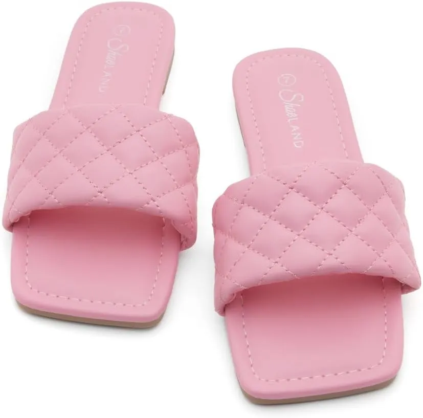 Shoe Land Anisha Women's Flat Sandals, Fashion Slides with Square Open Toe, Quilted Single Band Dressy Sandals, Slip-On Slippers for Summer, Daily Wear, Prom, and Party