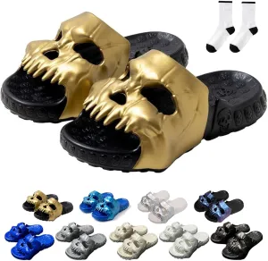 Skull Design Single Band Slides, Skull Slides Sandals, Unisex EVA Thick Sole Non Slip Quick Drying Cloud Slippers Indoor Outdoor Beach Pool Shower Shoes (Black Gold,12-13 Women/10-11 Men)