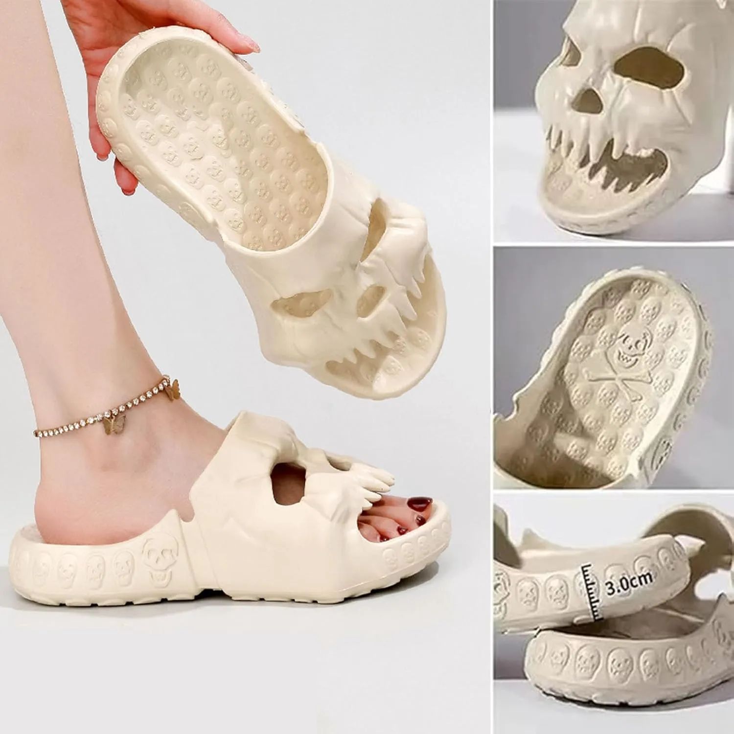Skull Design Single Band Slides, Skull Slides Sandals, Unisex EVA Thick Sole Non Slip Quick Drying Cloud Slippers Indoor Outdoor Beach Pool Shower Shoes (Black Gold,12-13 Women/10-11 Men)