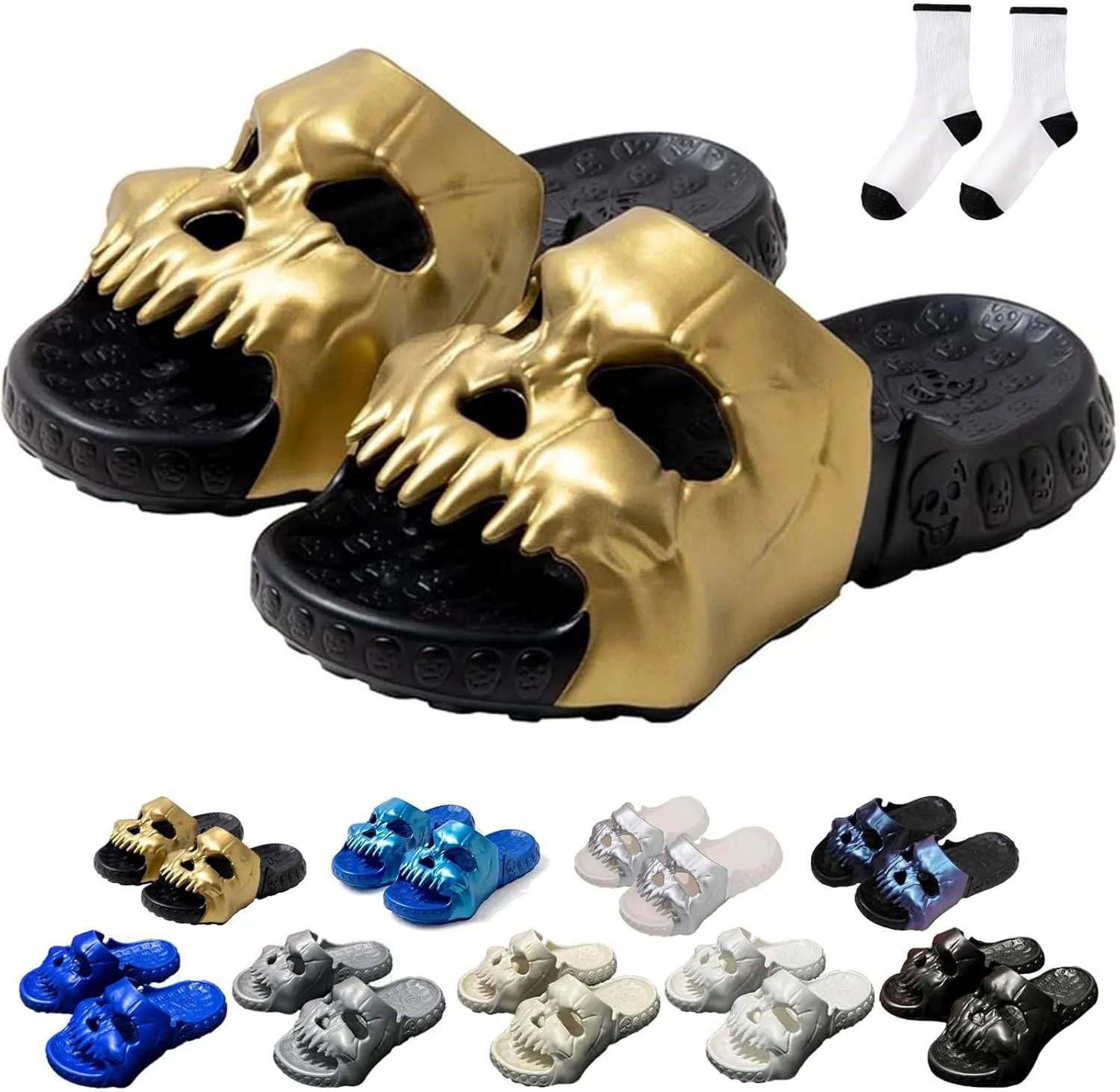 Skull Design Single Band Slides, Skull Slides Sandals, Unisex EVA Thick Sole Non Slip Quick Drying Cloud Slippers Indoor Outdoor Beach Pool Shower Shoes (Black Gold,12-13 Women/10-11 Men)