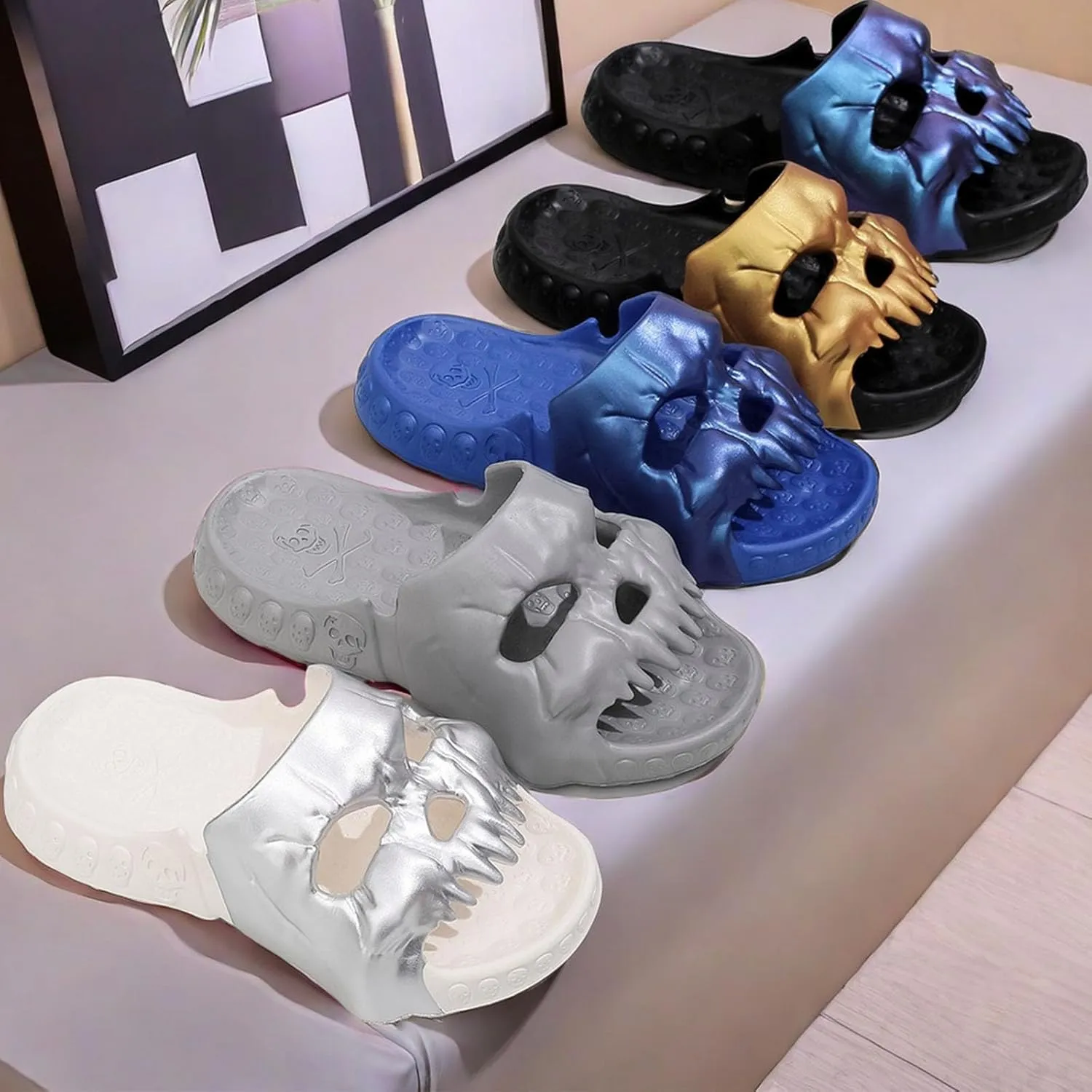 Skull Design Single Band Slides, Skull Slides Sandals, Unisex EVA Thick Sole Non Slip Quick Drying Cloud Slippers Indoor Outdoor Beach Pool Shower Shoes (Black Gold,12-13 Women/10-11 Men)