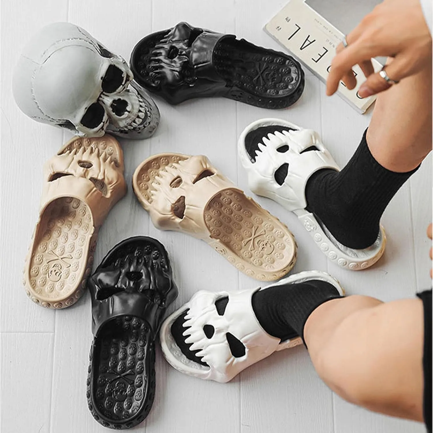 Skull Design Single Band Slides, Skull Slides Sandals, Unisex EVA Thick Sole Non Slip Quick Drying Cloud Slippers Indoor Outdoor Beach Pool Shower Shoes (Black Gold,12-13 Women/10-11 Men)