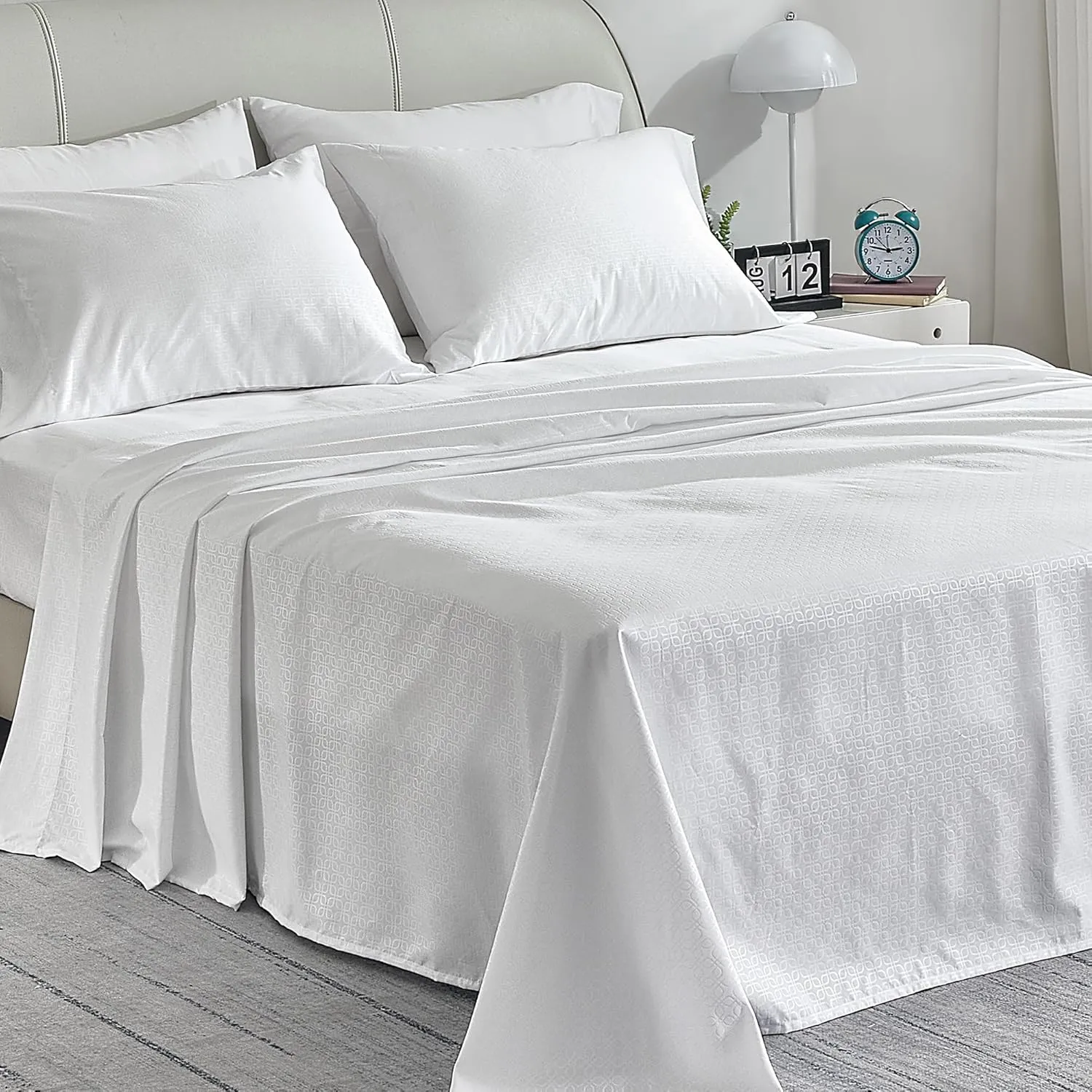 SLEEP ZONE Four-Leaf Clover Soft Brushed Microfiber，4-Piece Floral Embossed Sheet Set for Women Men，Deep Pockets, Easy-Fit, Extra Soft & Wrinkle Free Sheets (White, Queen