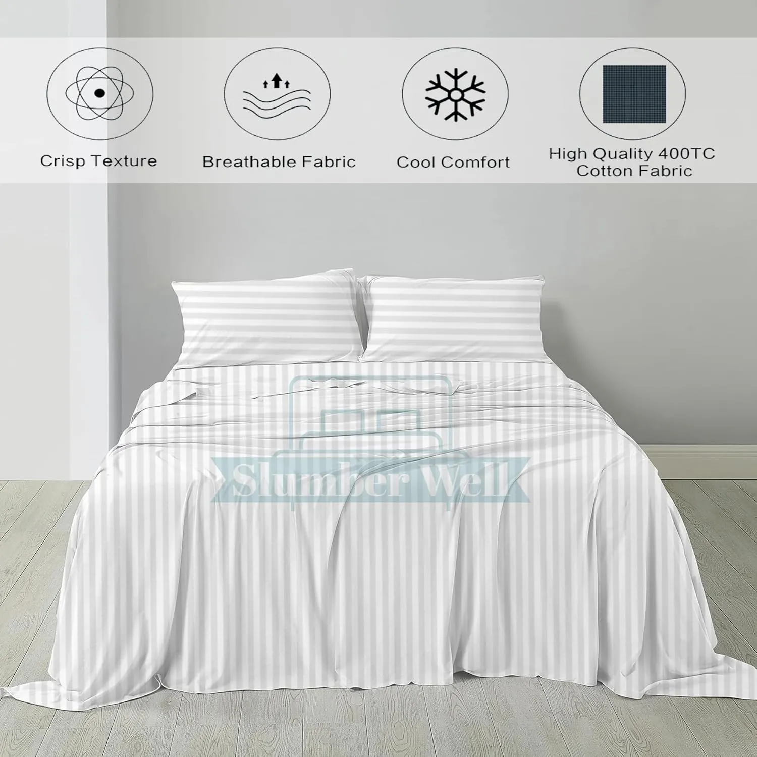 SlumberWell 4 Piece Sheet Set Queen Size, 100% Egyptian Cotton, 12 Inch Deep Pocket, Breathable Cooling & Super Soft Hotel Bed Sheets, White Stripe