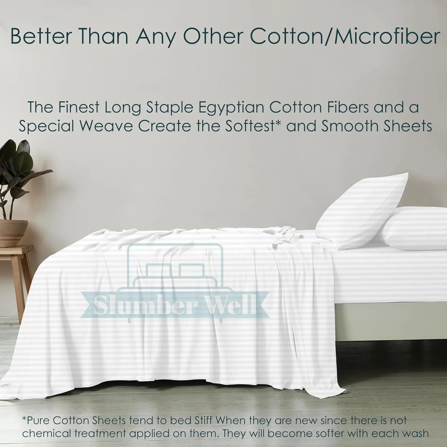 SlumberWell 4 Piece Sheet Set Queen Size, 100% Egyptian Cotton, 12 Inch Deep Pocket, Breathable Cooling & Super Soft Hotel Bed Sheets, White Stripe