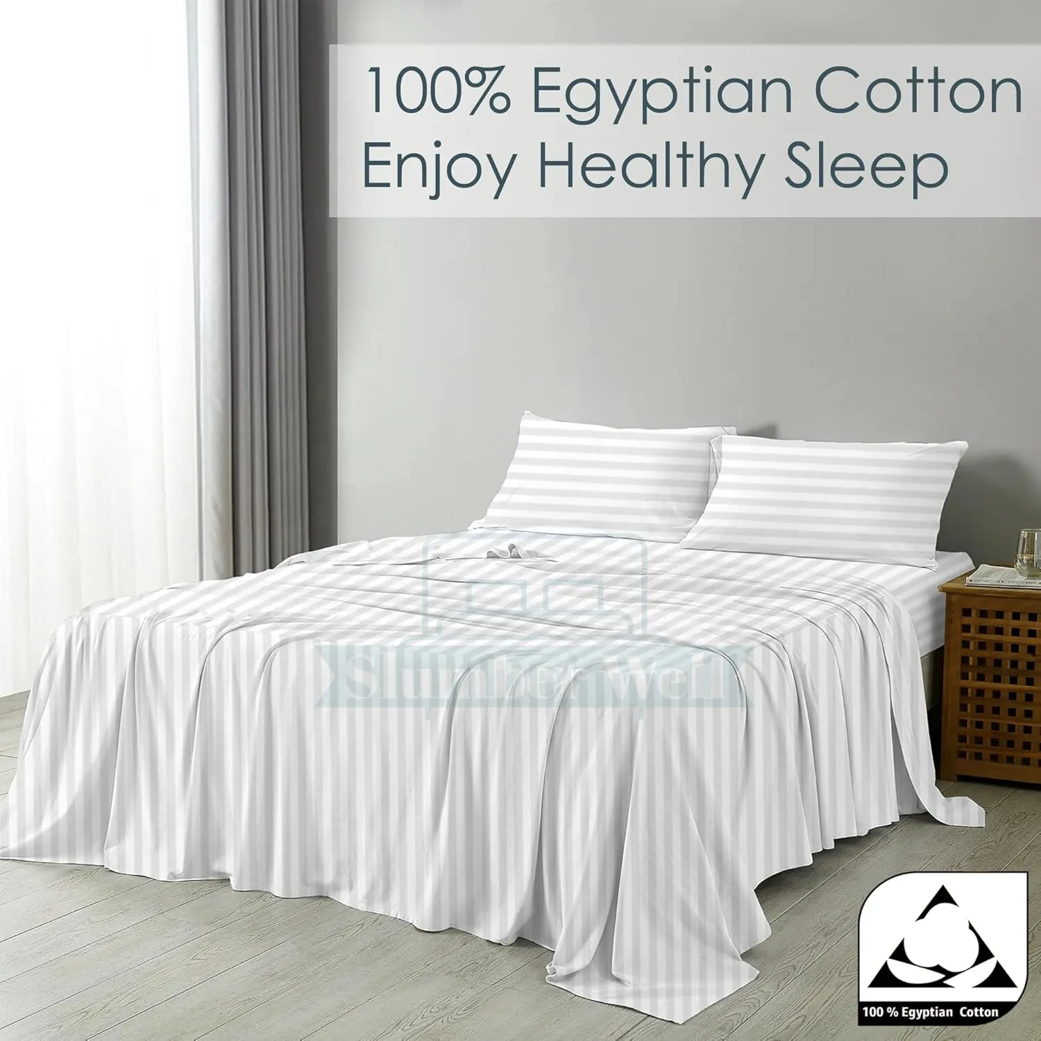 SlumberWell 4 Piece Sheet Set Queen Size, 100% Egyptian Cotton, 12 Inch Deep Pocket, Breathable Cooling & Super Soft Hotel Bed Sheets, White Stripe