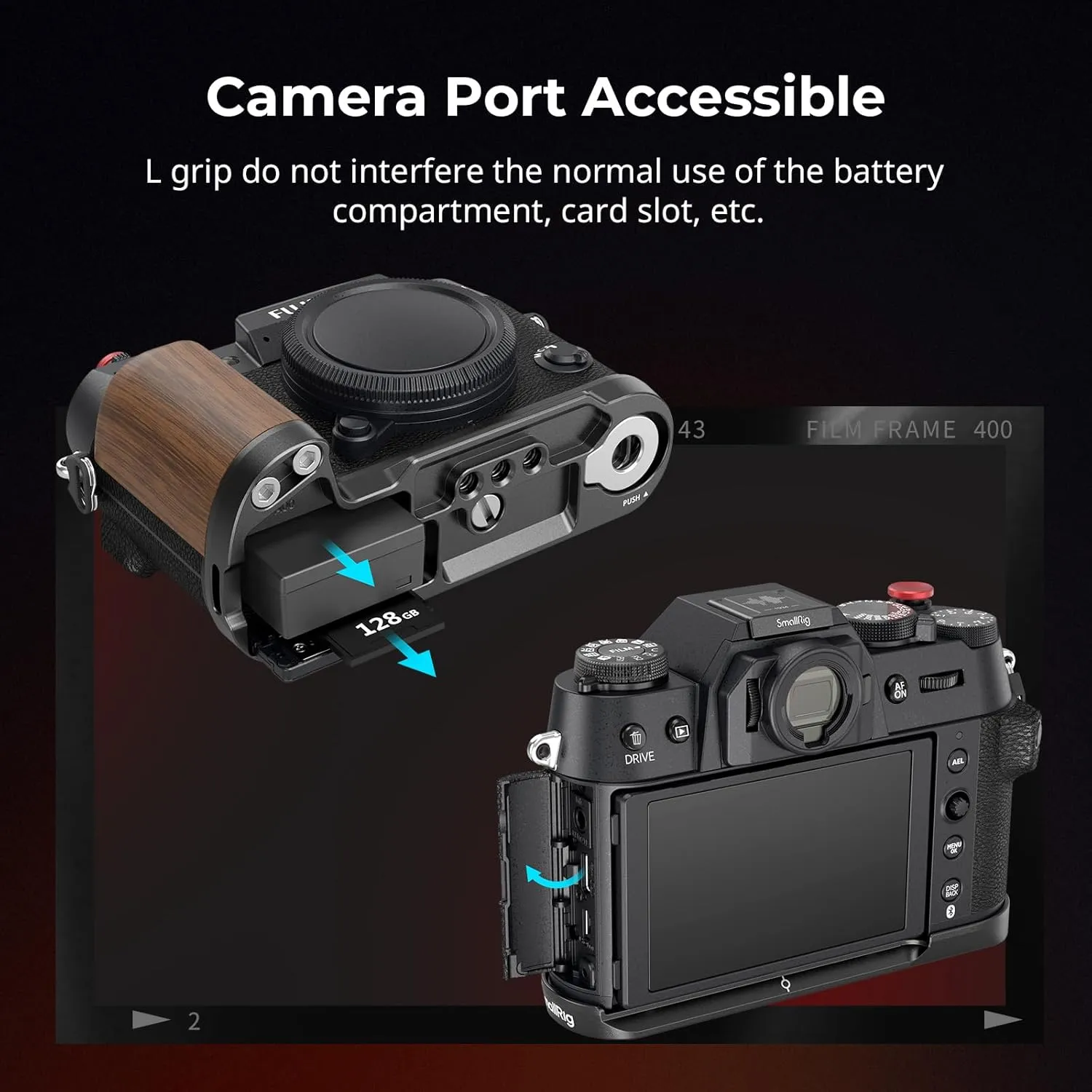 SMALLRIG X-T50 Handgrip, Wooden L-Shape Grip for FUJIFILM X-T50 Camera, Built-in Quick Release Plate for Arca, with Shutter Button and Hot Shoe Cover, Black - 4784