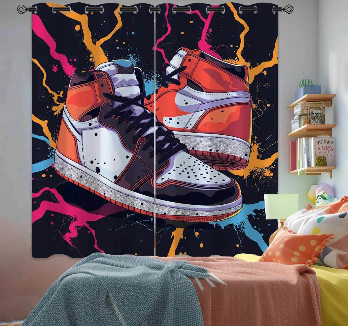 Sneaker Shoes Blackout Curtains for Girls Boys Kids Teens Home Decor, Sports Lightning Cool Graffiti Grommet Thermal Insulated Drapes Darkening Window Curtain for Bedroom Living Room, 72 x 63 Inch