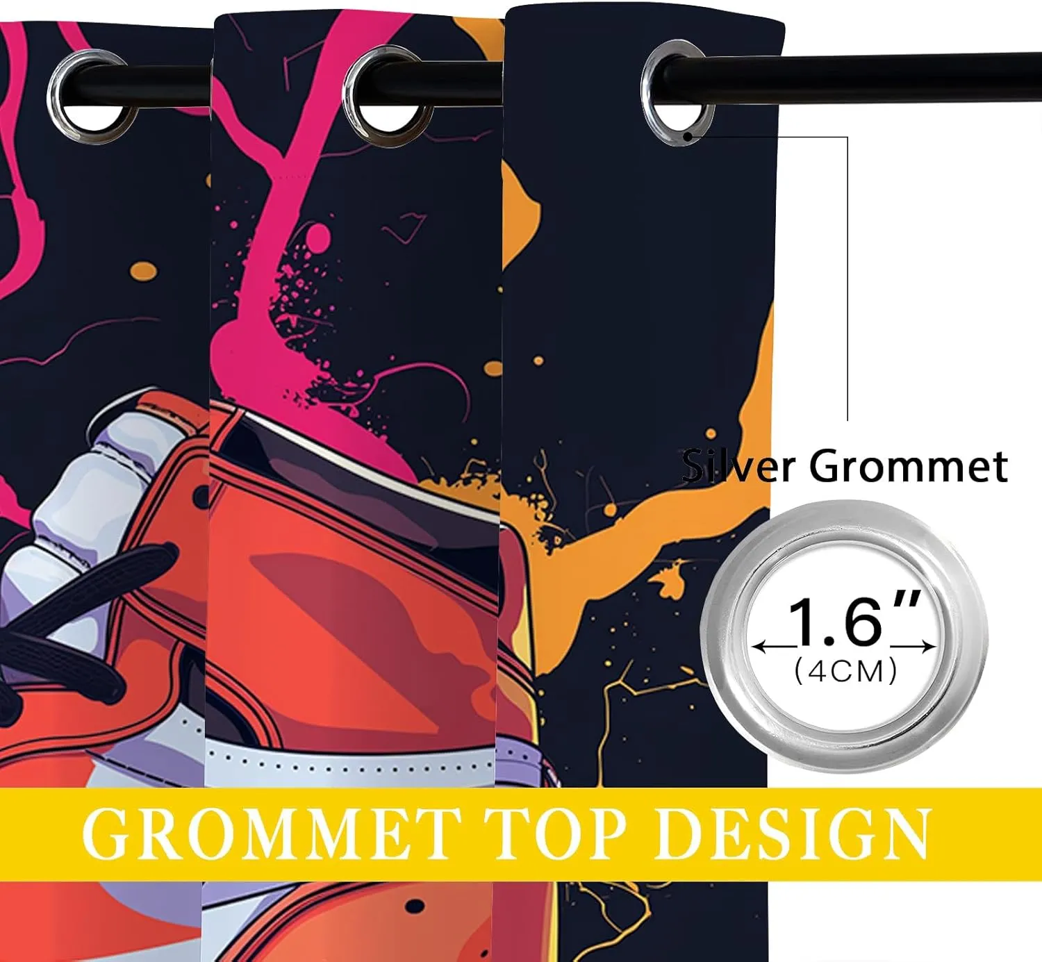 Sneaker Shoes Blackout Curtains for Girls Boys Kids Teens Home Decor, Sports Lightning Cool Graffiti Grommet Thermal Insulated Drapes Darkening Window Curtain for Bedroom Living Room, 72 x 63 Inch