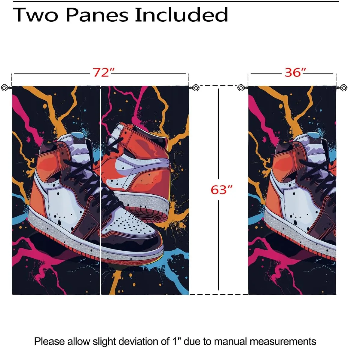 Sneaker Shoes Blackout Curtains for Girls Boys Kids Teens Home Decor, Sports Lightning Cool Graffiti Grommet Thermal Insulated Drapes Darkening Window Curtain for Bedroom Living Room, 72 x 63 Inch