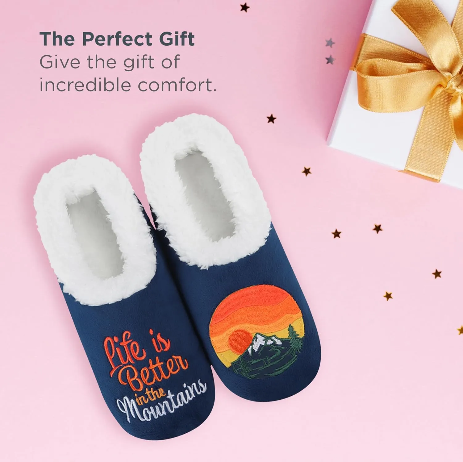 Snoozies Pairable Slipper Socks - Funny House Slippers for Women, Non-Slip Fuzzy Slipper Socks - Happy Camper