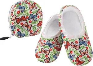 Snoozies Skinnies Packable and Foldable Travel Slippers for Women with Zipper Pouch, Soft Sherpa-Lined Slipper Socks Non-Skid