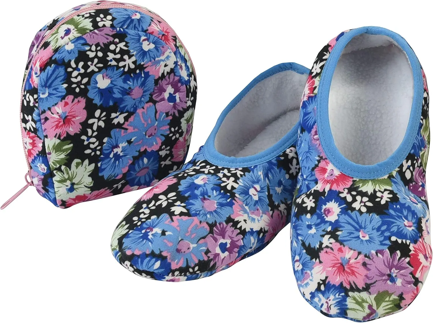 Snoozies Skinnies Packable and Foldable Travel Slippers for Women with Zipper Pouch, Soft Sherpa-Lined Slipper Socks Non-Skid