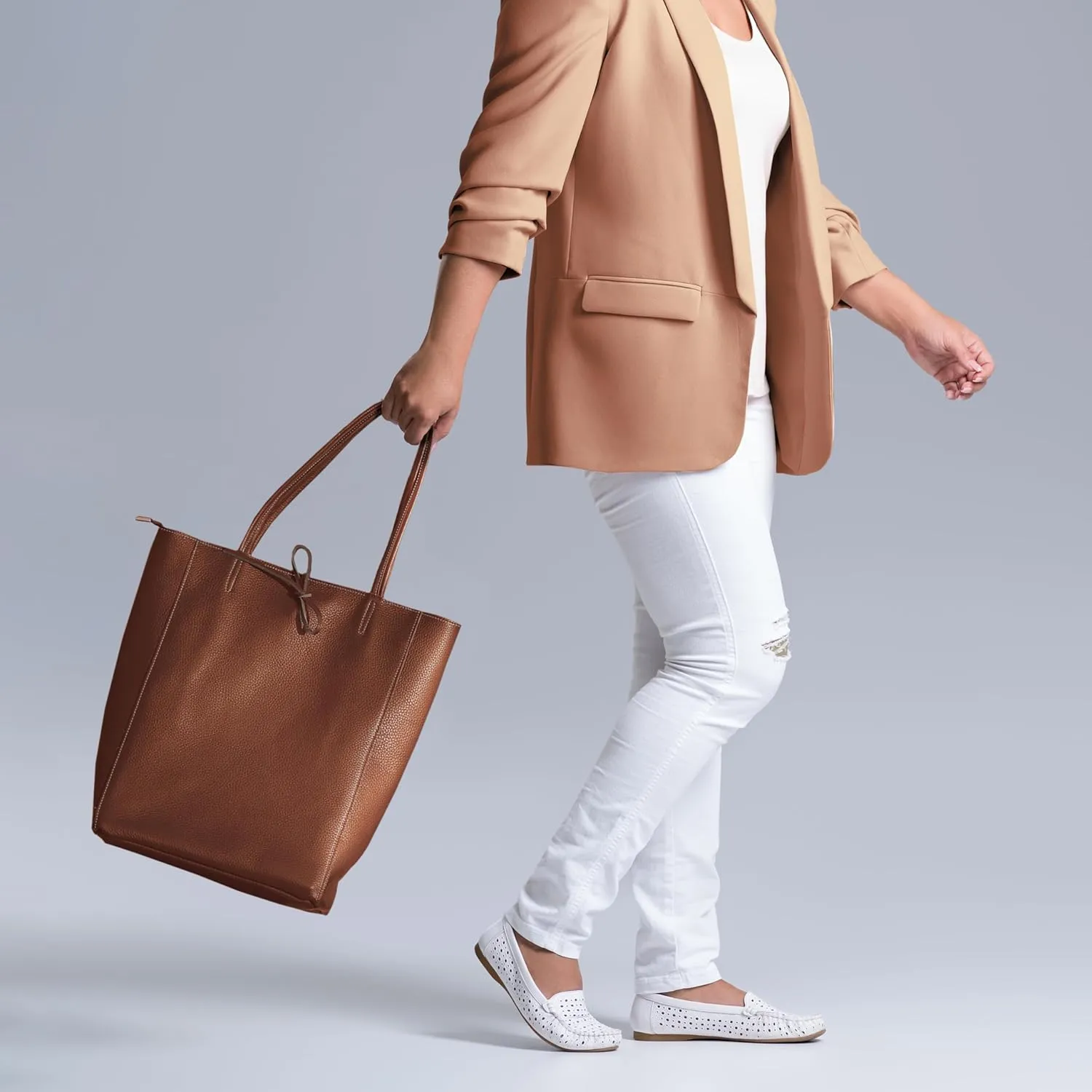 Soft Italian Genuine Calf Leather Tote Bag | Unstructured Unlined Shopper with Zipper, Inside Pocket & Flat Base