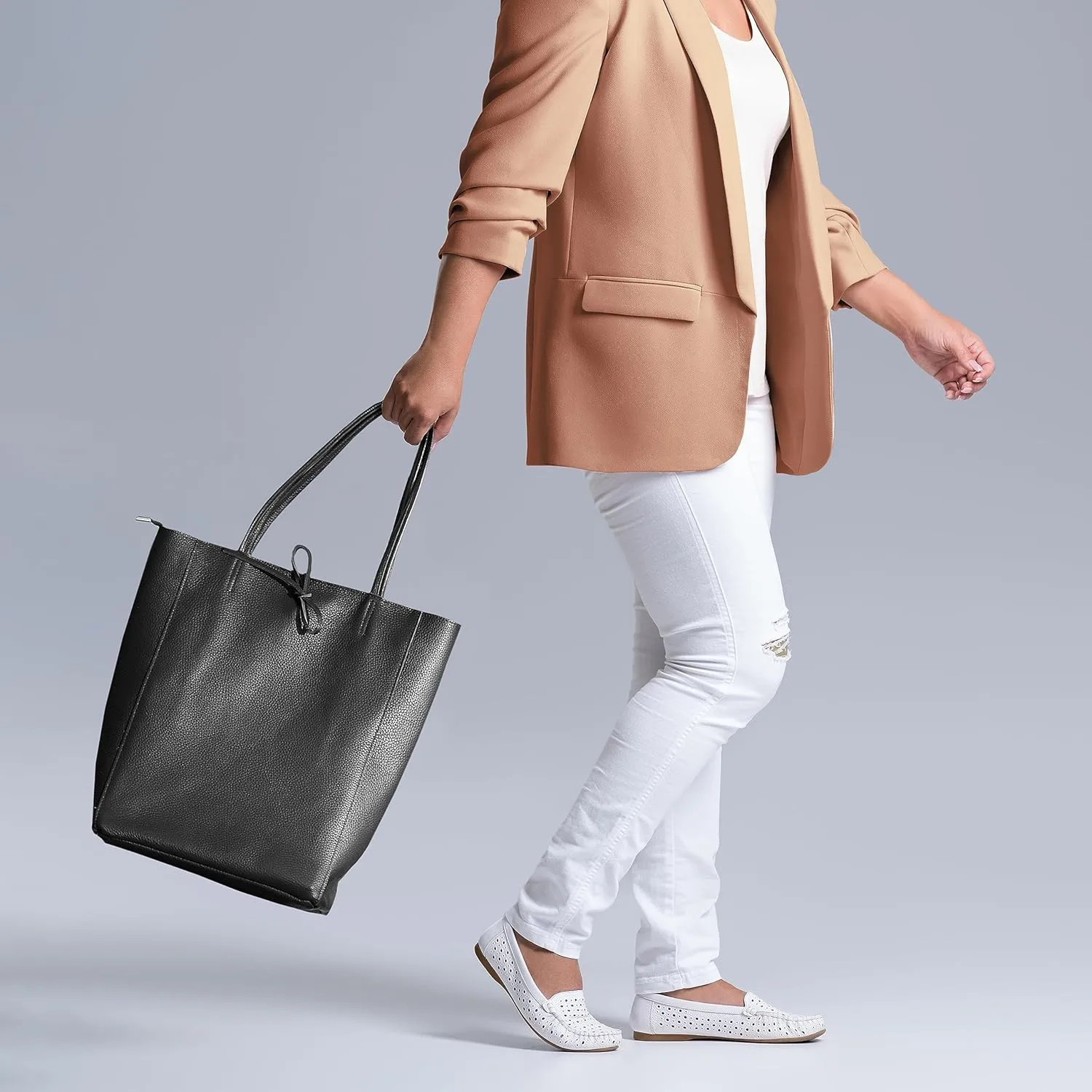 Soft Italian Genuine Calf Leather Tote Bag | Unstructured Unlined Shopper with Zipper, Inside Pocket & Flat Base