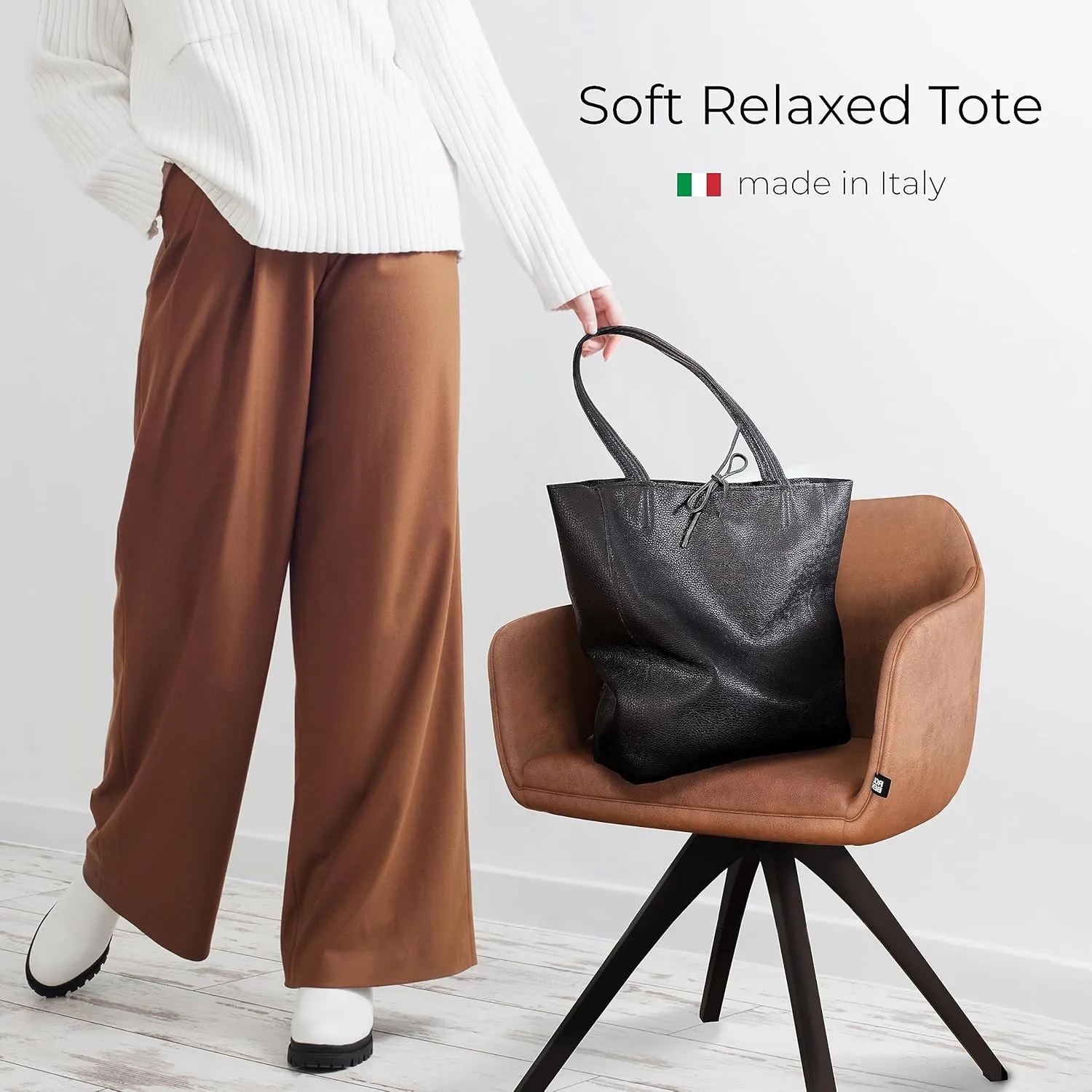 Soft Italian Genuine Calf Leather Tote Bag | Unstructured Unlined Shopper with Zipper, Inside Pocket & Flat Base