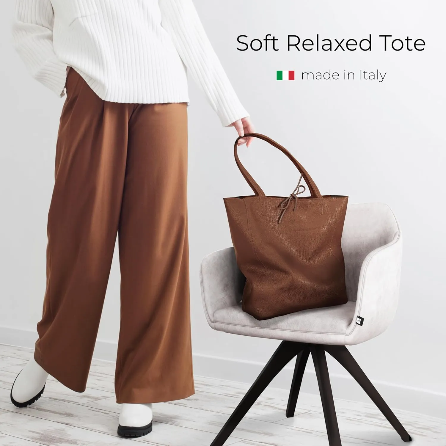 Soft Italian Genuine Calf Leather Tote Bag | Unstructured Unlined Shopper with Zipper, Inside Pocket & Flat Base