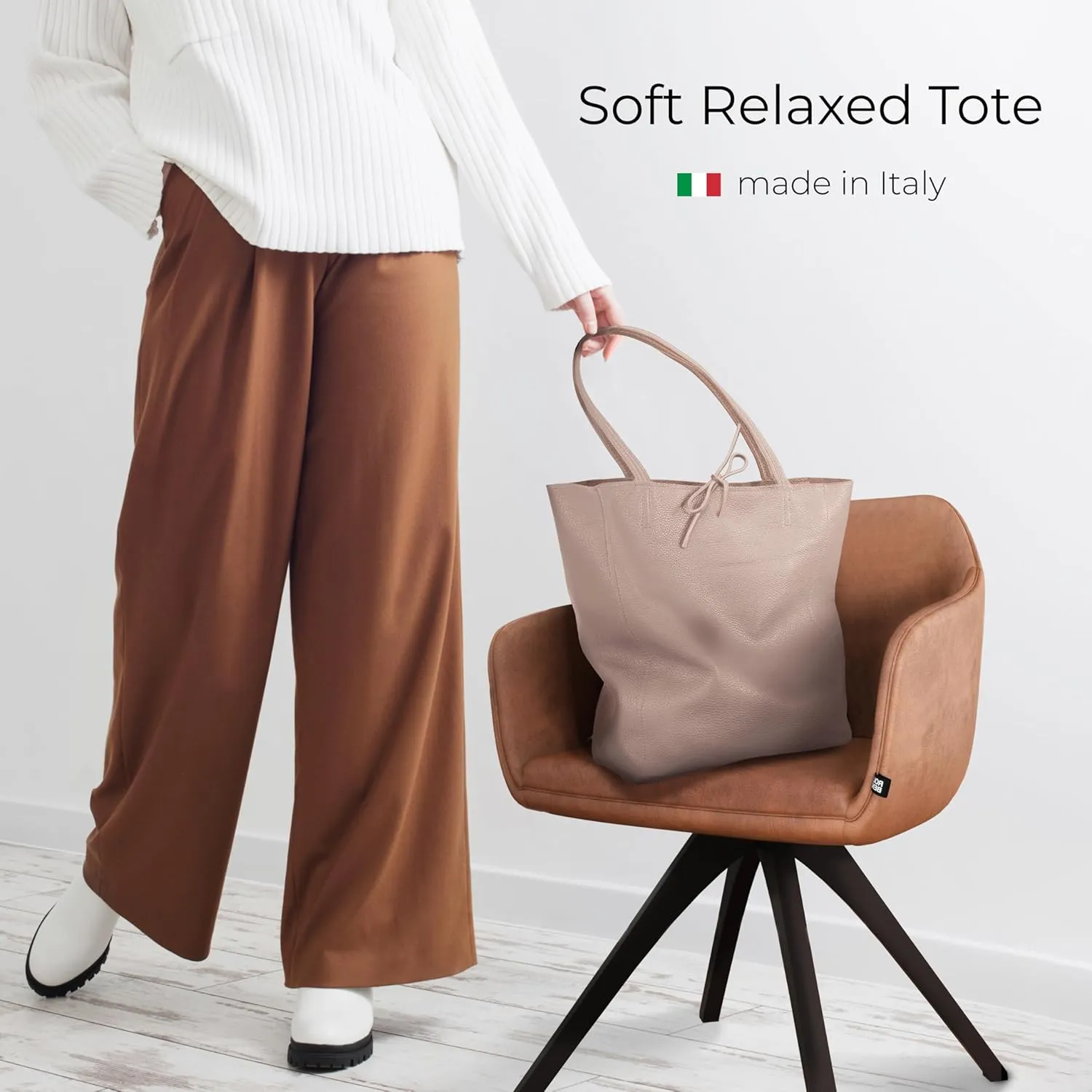 Soft Italian Genuine Calf Leather Tote Bag | Unstructured Unlined Shopper with Zipper, Inside Pocket & Flat Base
