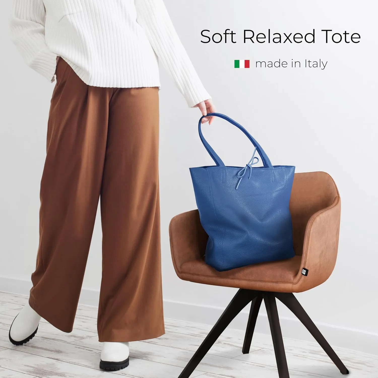 Soft Italian Genuine Calf Leather Tote Bag | Unstructured Unlined Shopper with Zipper, Inside Pocket & Flat Base