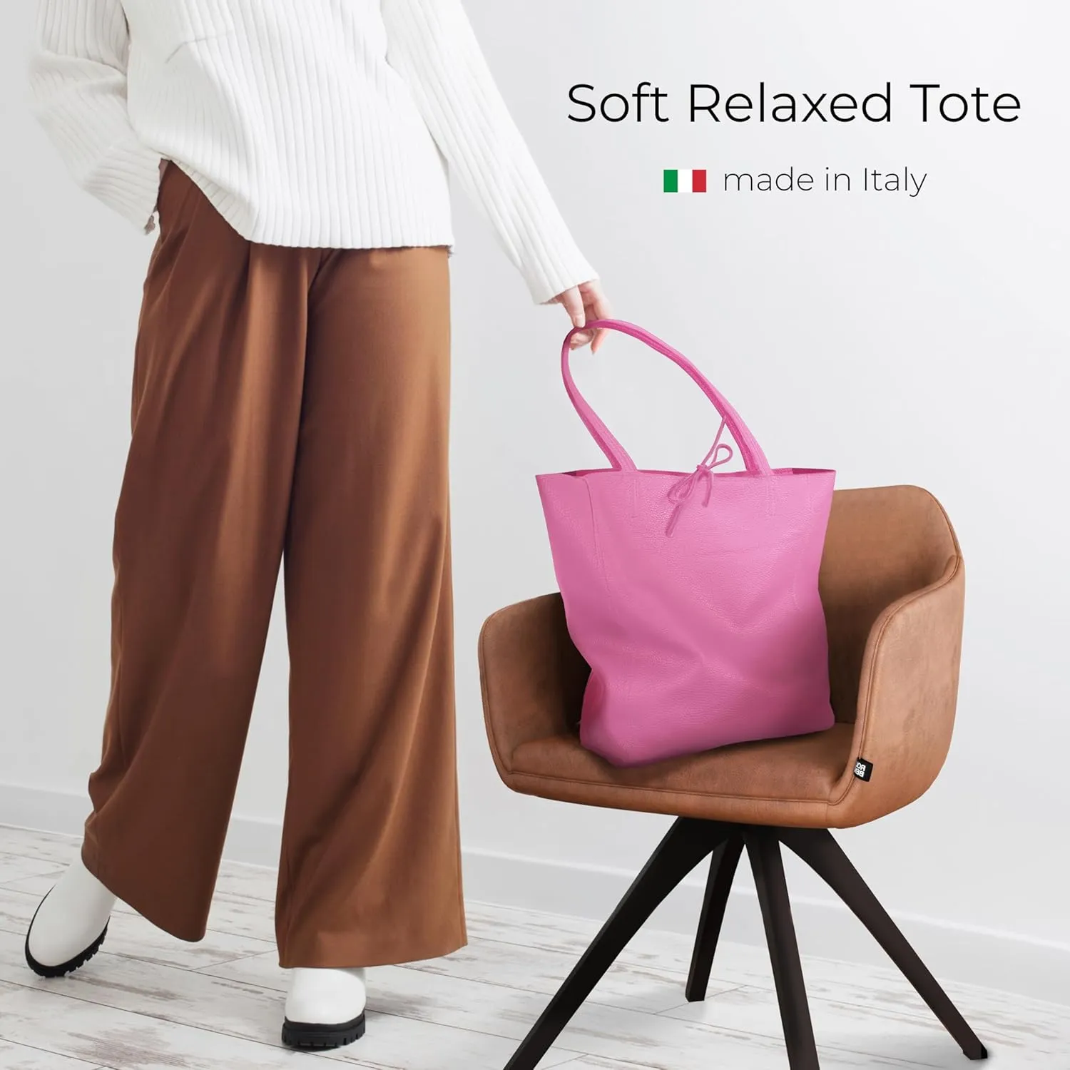 Soft Italian Genuine Calf Leather Tote Bag | Unstructured Unlined Shopper with Zipper, Inside Pocket & Flat Base