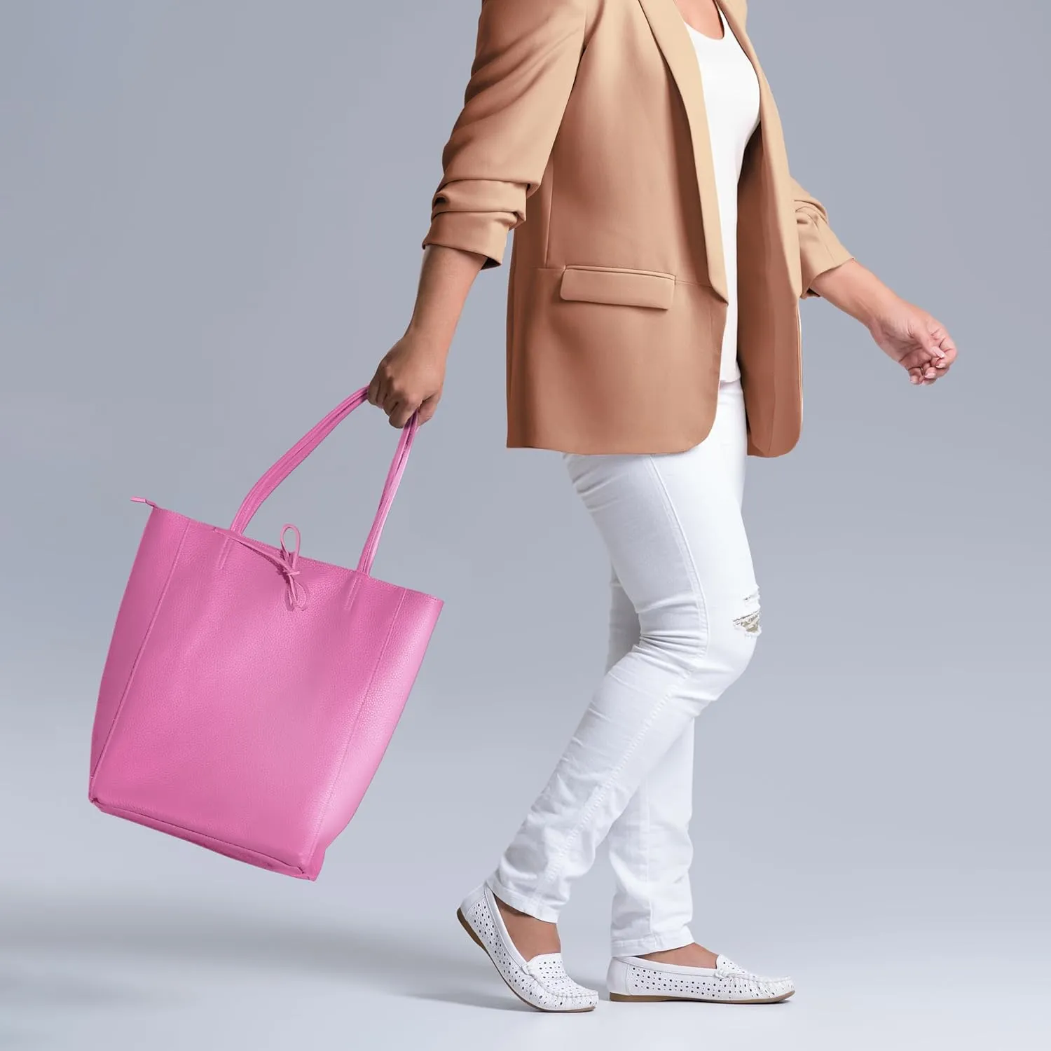 Soft Italian Genuine Calf Leather Tote Bag | Unstructured Unlined Shopper with Zipper, Inside Pocket & Flat Base