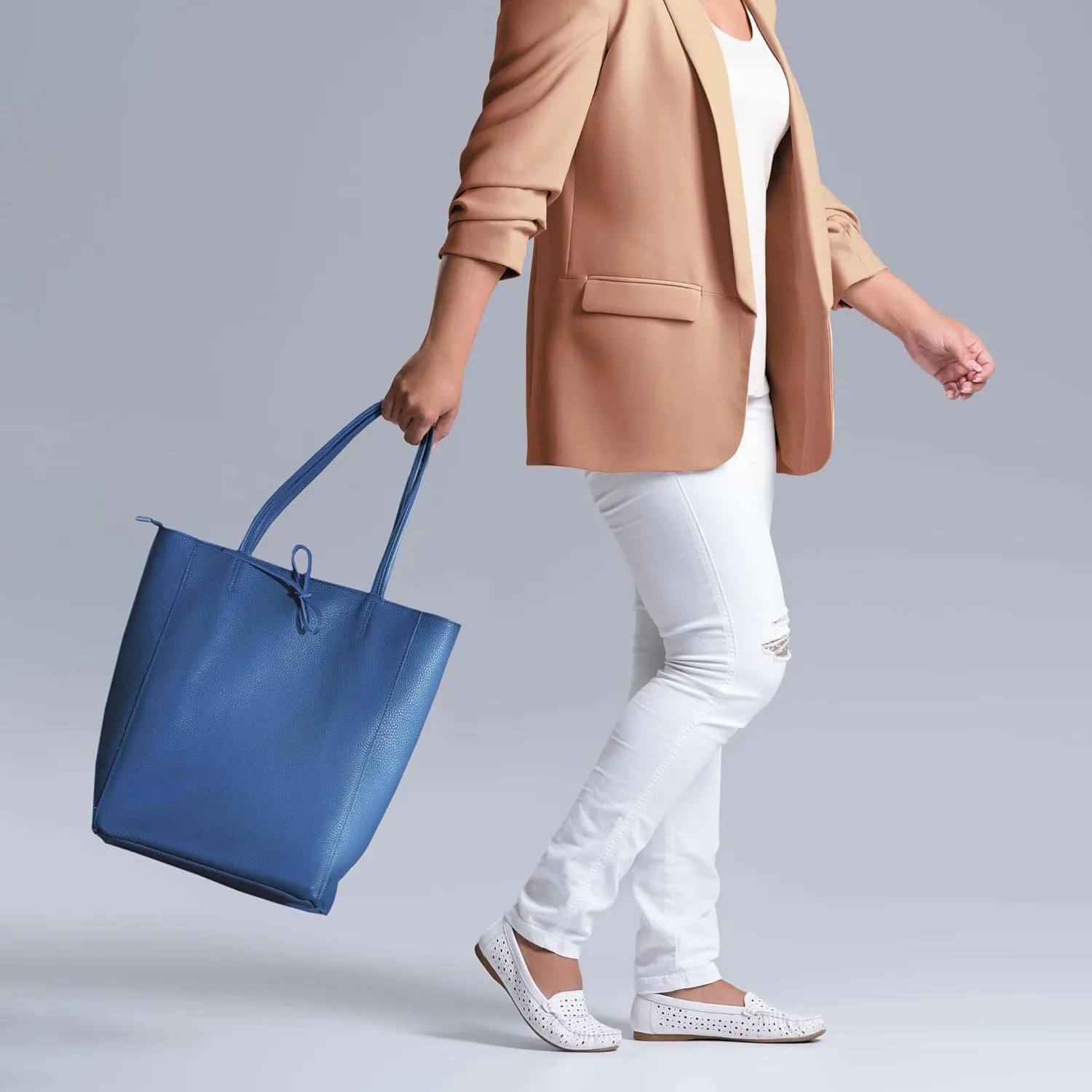Soft Italian Genuine Calf Leather Tote Bag | Unstructured Unlined Shopper with Zipper, Inside Pocket & Flat Base