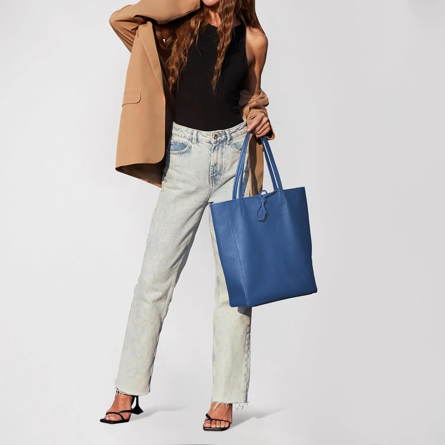 Soft Italian Genuine Calf Leather Tote Bag | Unstructured Unlined Shopper with Zipper, Inside Pocket & Flat Base