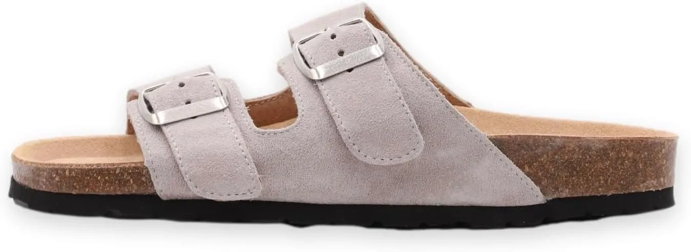Soft Suede Leather Flat Sandals - Cork Footbed Sandal with Soft Suede Leather - Womens Sandals Comfortable Wear - Comfortable Slip On Cork Footbed Sandals with Adjustable Buckles