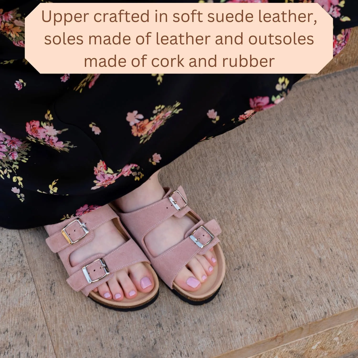 Soft Suede Leather Flat Sandals - Cork Footbed Sandal with Soft Suede Leather - Womens Sandals Comfortable Wear - Comfortable Slip On Cork Footbed Sandals with Adjustable Buckles