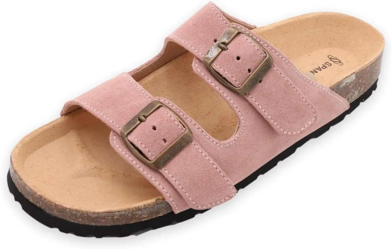 Soft Suede Leather Flat Sandals - Cork Footbed Sandal with Soft Suede Leather - Womens Sandals Comfortable Wear - Comfortable Slip On Cork Footbed Sandals with Adjustable Buckles