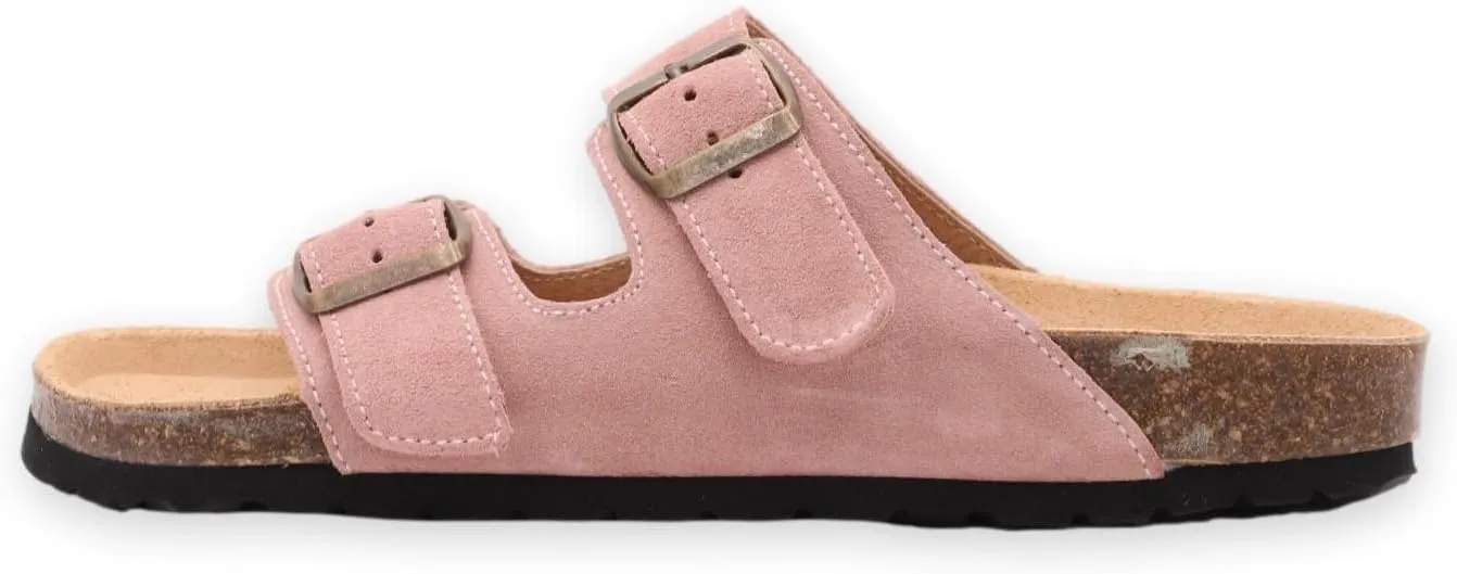 Soft Suede Leather Flat Sandals - Cork Footbed Sandal with Soft Suede Leather - Womens Sandals Comfortable Wear - Comfortable Slip On Cork Footbed Sandals with Adjustable Buckles