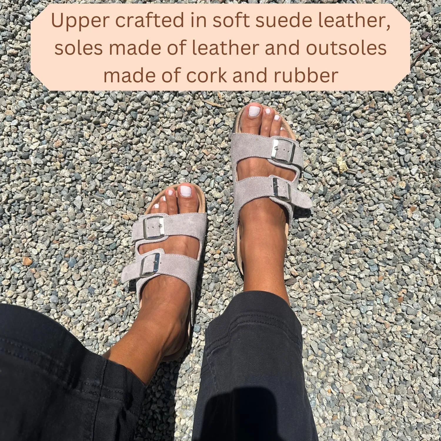 Soft Suede Leather Flat Sandals - Cork Footbed Sandal with Soft Suede Leather - Womens Sandals Comfortable Wear - Comfortable Slip On Cork Footbed Sandals with Adjustable Buckles