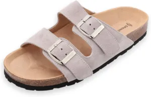 Soft Suede Leather Flat Sandals - Cork Footbed Sandal with Soft Suede Leather - Womens Sandals Comfortable Wear - Comfortable Slip On Cork Footbed Sandals with Adjustable Buckles