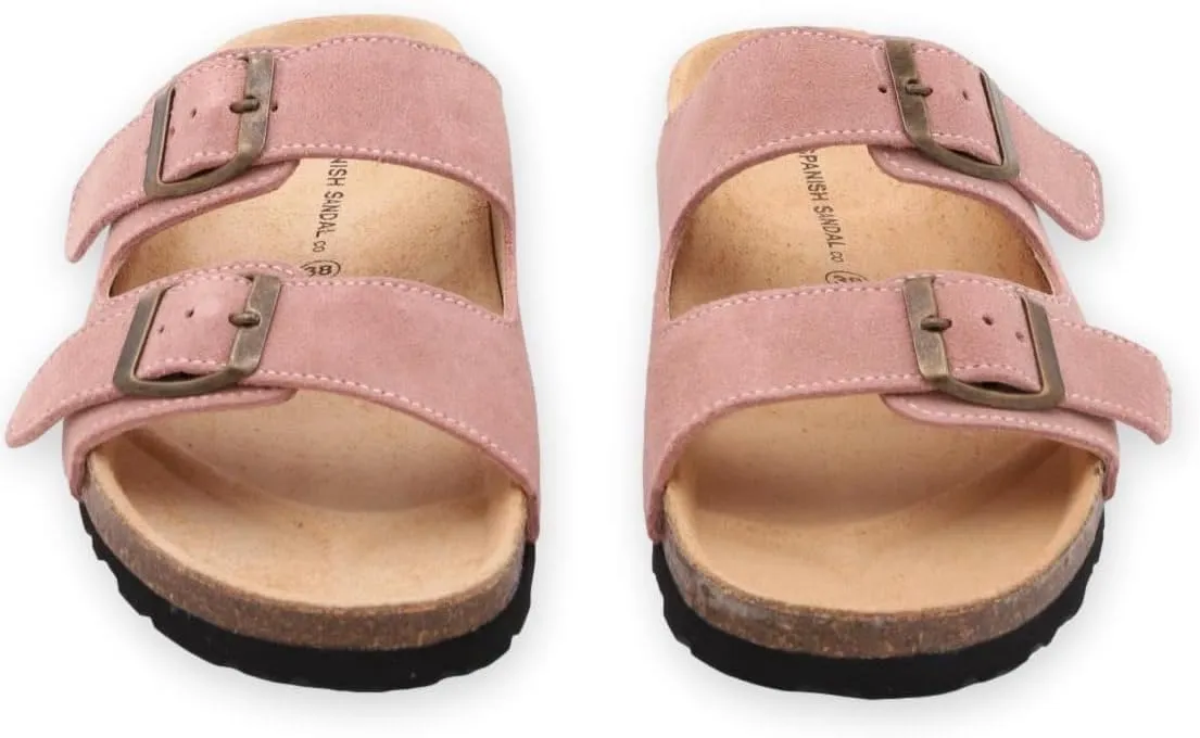 Soft Suede Leather Flat Sandals - Cork Footbed Sandal with Soft Suede Leather - Womens Sandals Comfortable Wear - Comfortable Slip On Cork Footbed Sandals with Adjustable Buckles