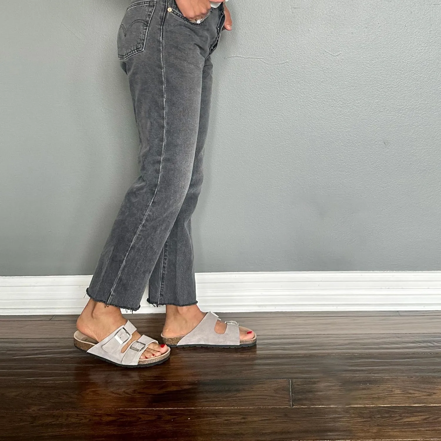 Soft Suede Leather Flat Sandals - Cork Footbed Sandal with Soft Suede Leather - Womens Sandals Comfortable Wear - Comfortable Slip On Cork Footbed Sandals with Adjustable Buckles