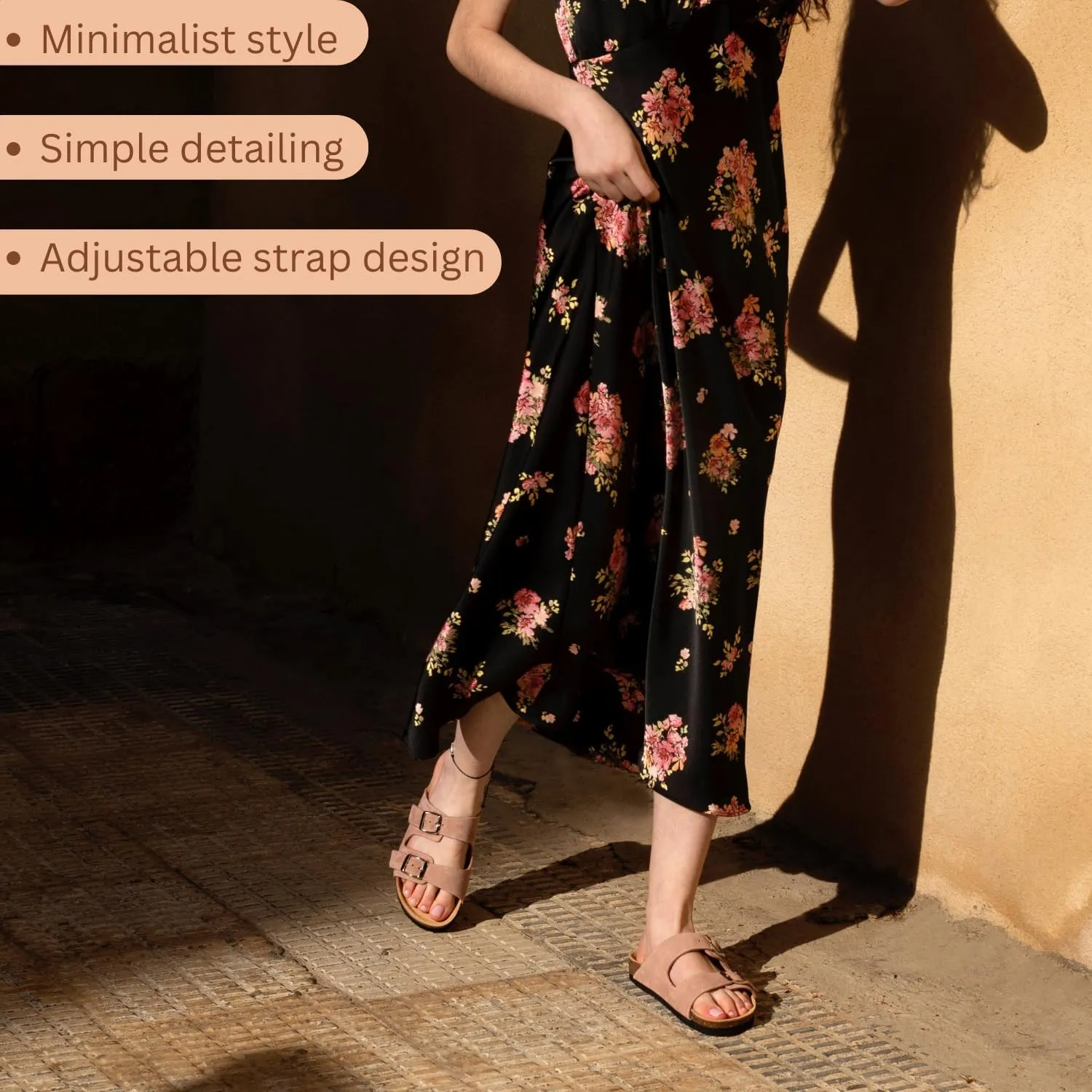 Soft Suede Leather Flat Sandals - Cork Footbed Sandal with Soft Suede Leather - Womens Sandals Comfortable Wear - Comfortable Slip On Cork Footbed Sandals with Adjustable Buckles
